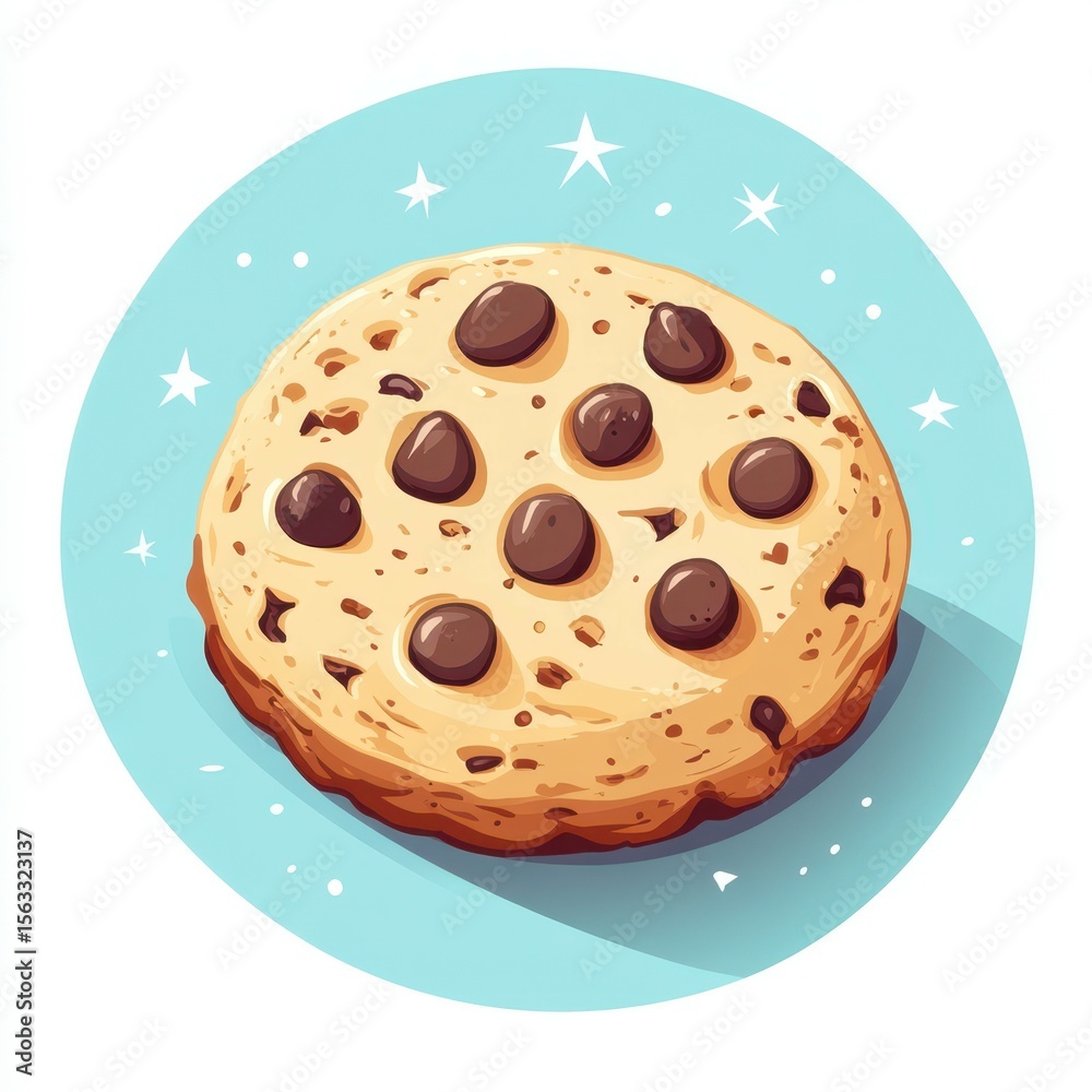 Fototapeta premium Delicious chocolate chip cookie on a light blue background with sparkles and shadows for a playful dessert design