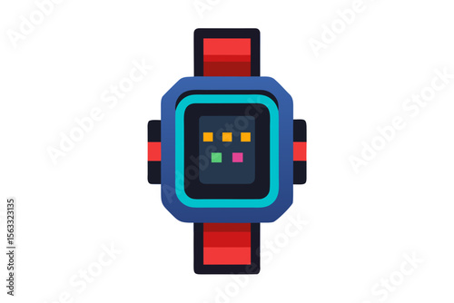 Modern blue smartwatch with colorful screen icons and red strap