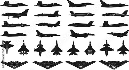 Modern fighter jet aircraft flying vector silhouettes set on a white background. Vector illustration 