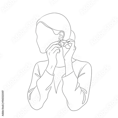 Girl wearing earrings – elegant line art of woman putting on jewelry
