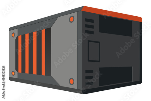 Futuristic server rack with orange accents and ventilation grilles