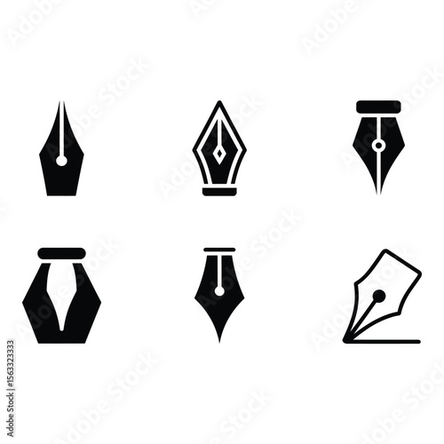 Collection of Seven Stylish Black Ink Pen Nib Icons Modern Minimalist Vector Graphics