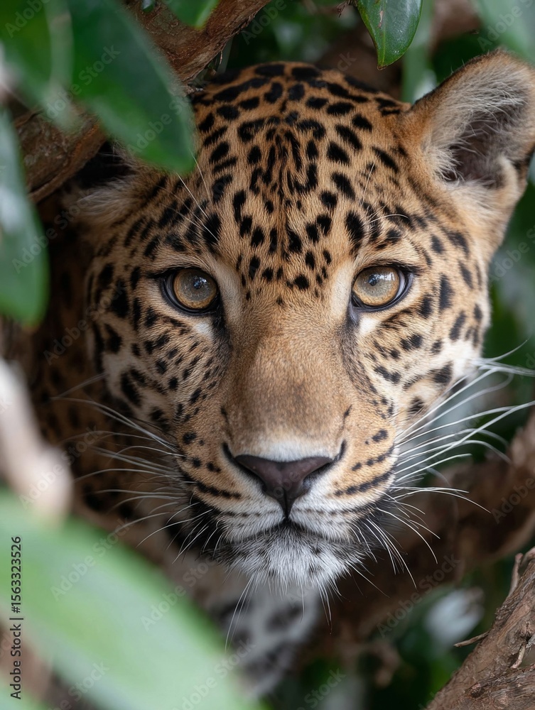 Fototapeta premium Closeup of a Leopard Hidden in Lush Green Foliage