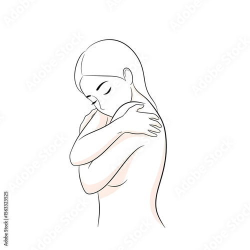 Shy woman covering body with hands – minimalist female line art illustration

