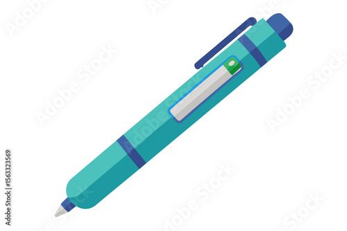 Modern teal pen with blue accents and a clear window
