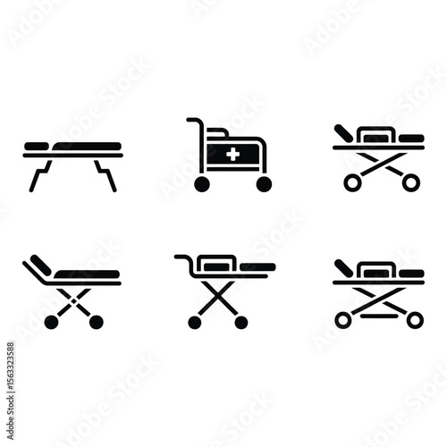 Collection of Six Black Medical Stretcher Icons Hospital Emergency Healthcare Flat Design Simple Style