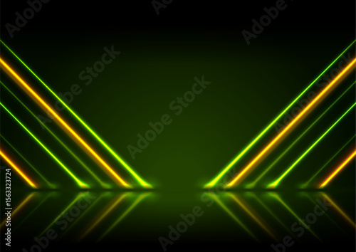 Green orange neon laser lines technology background. Futuristic glowing graphic vector design