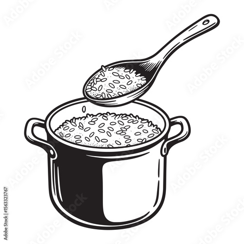 Monochrome illustration of a pot of cooked rice with spoonful being removed