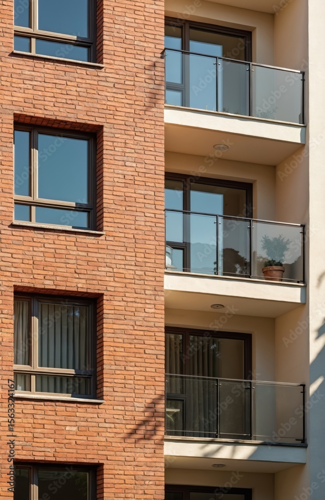Fototapeta premium Multi-story residential building exterior with brick facade, balconies, modern windows. Real estate construction, sale, rent apartment. New urban architecture details. Residential property, housing,