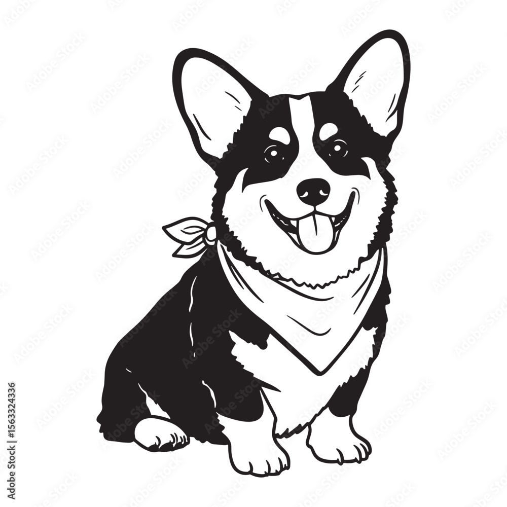 Smiling black and white corgi wearing a bandana sitting and looking happy Smiling black and white corgi wearing a bandana sitting and looking happy