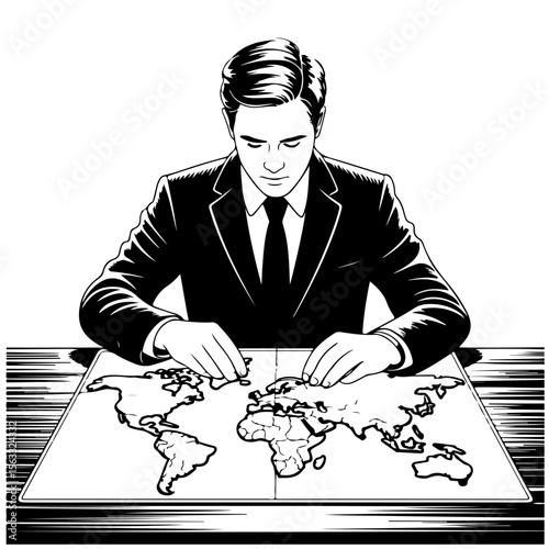 A male politician in a business suit and tie is sitting at a desk looking at a map of the world. Vector monochrome sketch in line art style