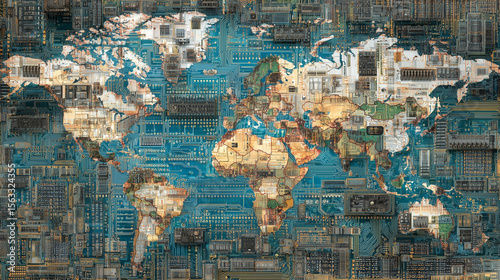 Geopolitical Tensions in Semiconductor Supply Chains Illustrated by Aerial Views of Integrated Circuits Overlaid on World Maps Highlighting Global Tech Conflicts and Partnerships