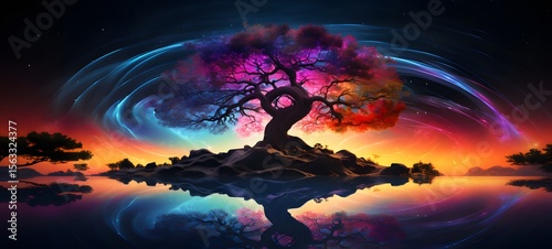 pop surreal unreal silhouettes spiral towards banyan bonsai,ai generative