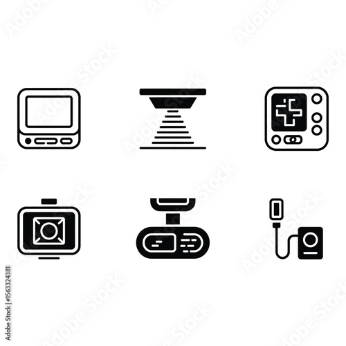 Collection of Six Minimalist Black Medical Device Icons Modern Flat Design Healthcare Technology