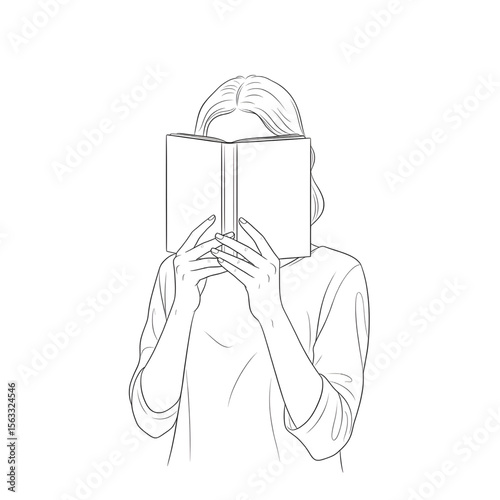 Woman covering face with book while reading – minimalist line art
