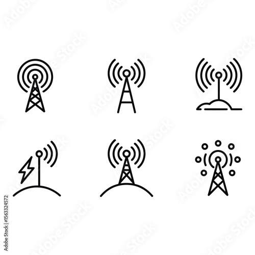 Collection of Six Modern Line Art Wireless Communication Tower Icons