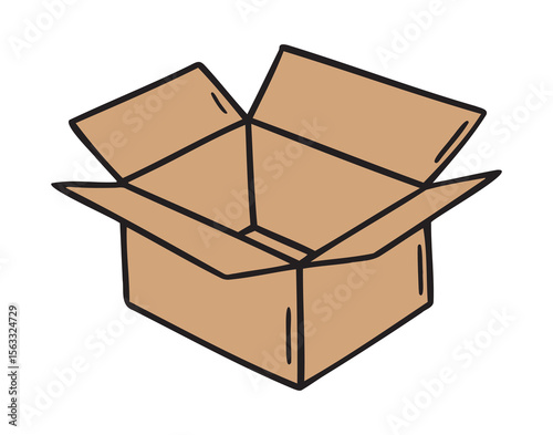 open cardboard box icon doodle hand drawn. brown colorful cartoon line drawing clipart symbol
