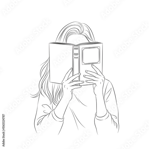Woman covering face with book while reading – minimalist line art
