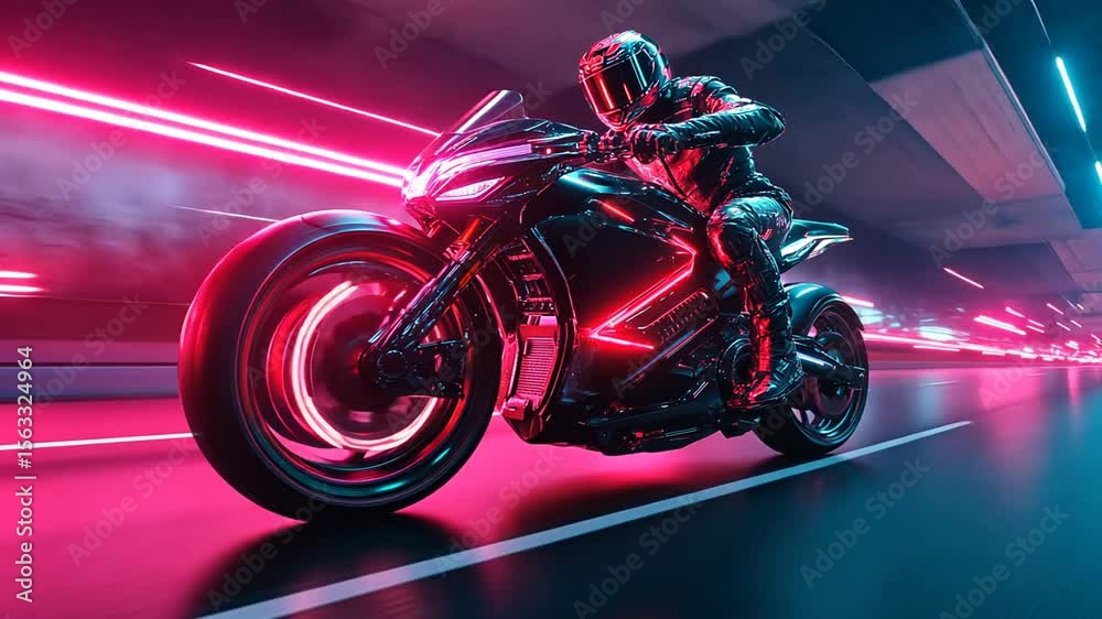 Futuristic motorcycle rider in a neon-lit tunnel