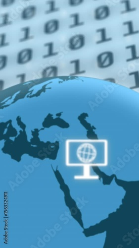 Animation of globe with computer and envelope icons over binary coding