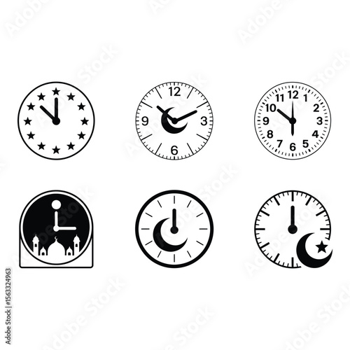 Collection of Six Simple Black Clock Icons Minimalist Islamic Timekeeping Design Ramadan Prayer Time Management