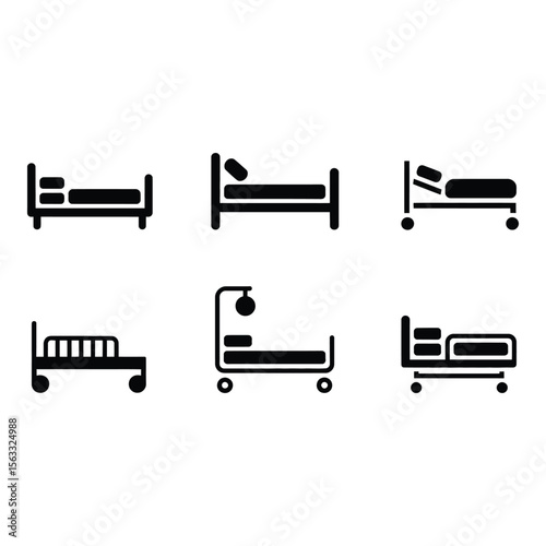 Collection of Six Simple Black Hospital Bed Icons Various Styles Minimalist Design Healthcare Concept