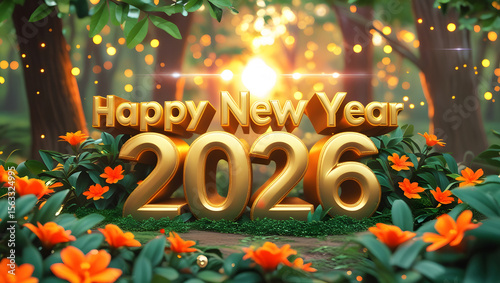 Happy New Year celebration design with festive decorations and greeting text