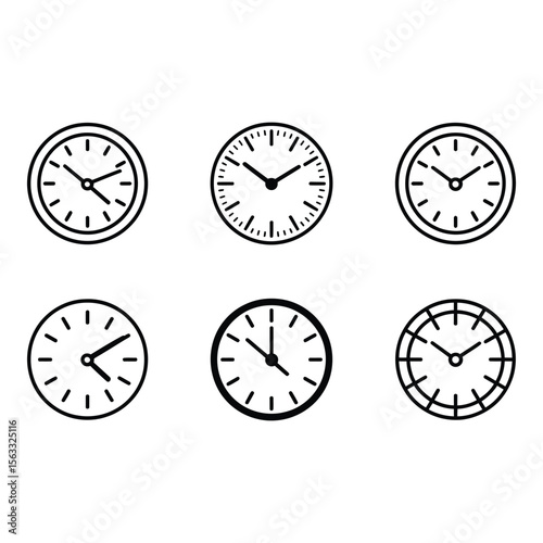 Collection of Six Simple Black Outline Clock Icons Minimalist Time Management Vector Graphics