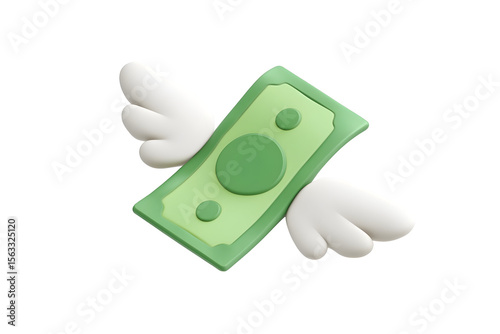 Cartoon money with wings floating against a black background