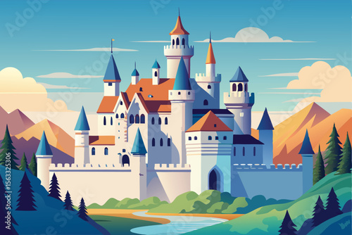 Majestic Fairytale Castle Illustration A Dreamlike Mountaintop Fortress