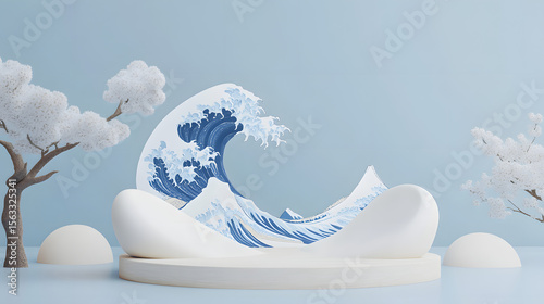 Serene Japanese Wave Composition: A minimalist, artistic rendering showcases a stylized Japanese wave design amidst a tranquil, light blue environment, complemented by symbolic cherry blossom trees.
