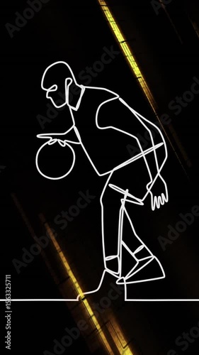Animation of drawing of male basketball player and shapes on black background
