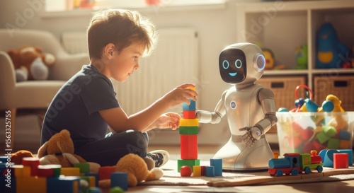 The AI Companion: A young child and an advanced AI robot engage in playful collaboration within a bright and cozy environment, building blocks together.