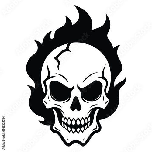 Solid color overheated fire skull illustration design facing sideways vector design on white background