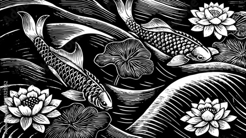 koi fish swimming in stylized waves with lotus flowers, suitable for Asian-themed décor, tattoos or meditation products a black and white line art illustration