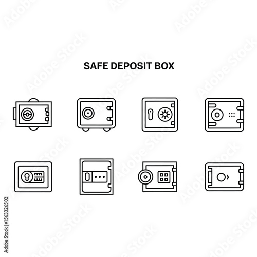 Eight Minimalist Line Icons Safe Deposit Box Security System Illustrations