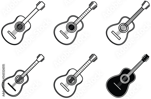 Collection of acoustic guitar outlines and one black silhouette isolated on white background