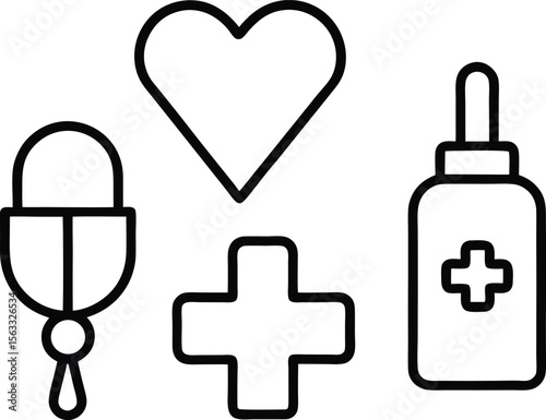 Health and Wellness Capsule, Heart, Cross, and Medicine Bottle Icons