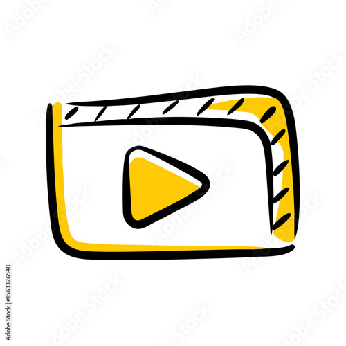 This lively doodle icon features a play button on a video player interface with a clapboard top, perfect for websites and blogs about video content, film, or multimedia production.

