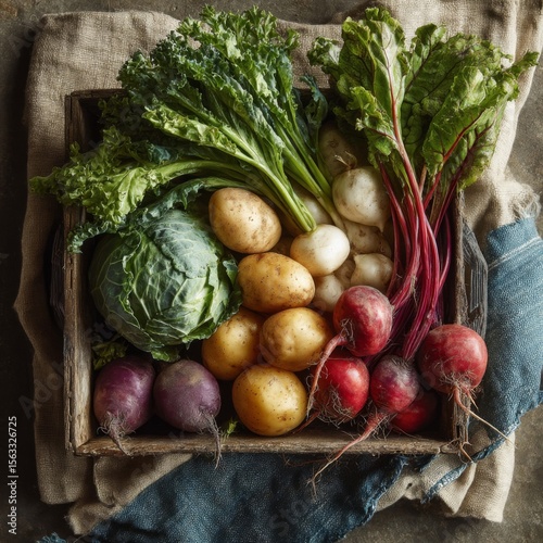 Assortment of Fresh Vegetables in Rustic Wooden Box