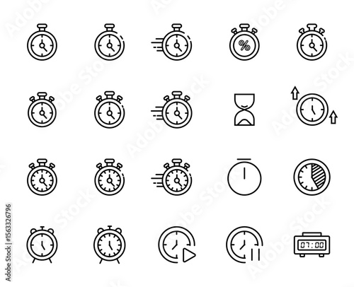 Clock and timer icons set, Time management symbols, stopwatch icons set, alarm clock icons, countdown elements, schedule symbols, time display pack, vector illustration.