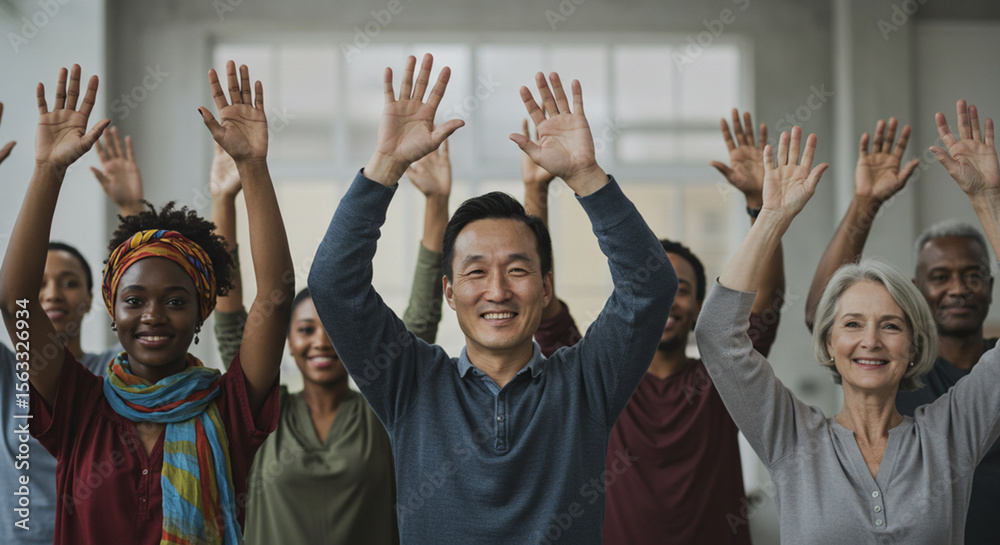 Fototapeta premium Diverse group of people smiling and raising hands in celebration indoors 