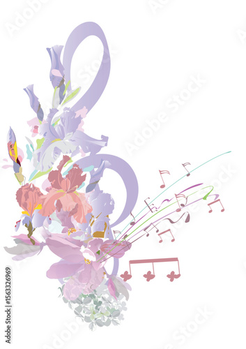 Musical design with a violin decorated with summer and spring flowers, notes, birds. Light and relax music. Hand drawn vector illustration.