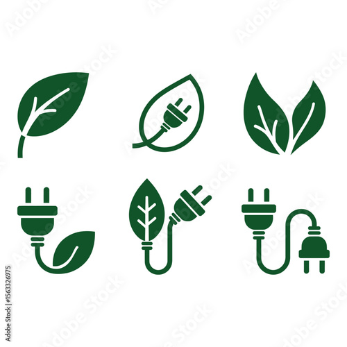 Green Energy Icons Eco Friendly Electrical Plug and Leaf Symbols Sustainable Power Concept Vector Illustration