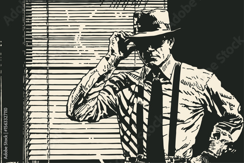 Mysterious man in a fedora hat peeking through window blinds. Classic film noir style vector illustration for a detective, spy or gangster theme.
