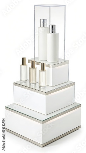 Modern White Perfume Display: Elegant Tiered Acrylic & Glass Showcase with Gold Accents, Luxurious Fragrance Bottles, Clean Minimalist Style, High-End Product Presentation.