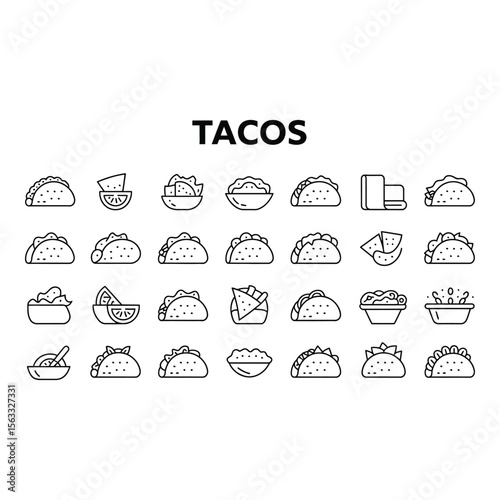 Line Art Taco Icons Mexican Food Graphic Set Restaurant Menu Design Elements Simple Black and White Style