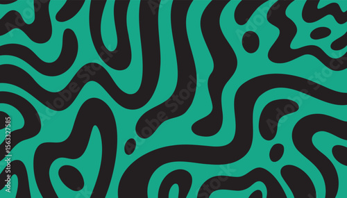 Summer bright retro 60s or 70s background colorful leaking smooth organic bold lines. Poisonous flashy black emerald green colors