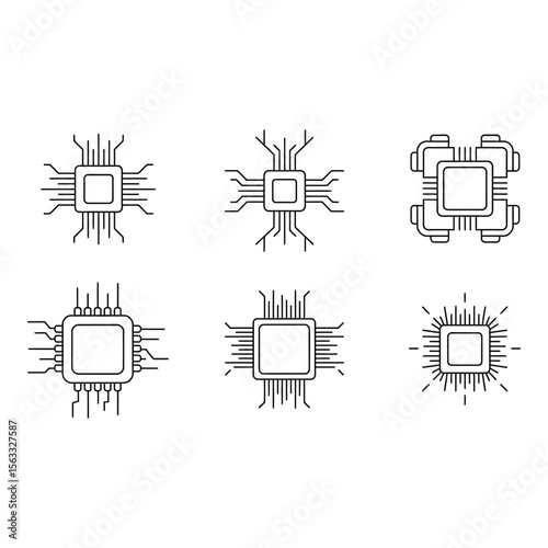 Microprocessor Icons Six Linear Style Illustrations Technology Clean Design Modern Abstract Digital Engineering White Background