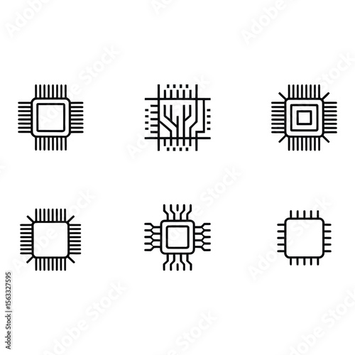 Microprocessor Icons Six Minimalist Line Art Designs Technology Digital Simple Clean Style